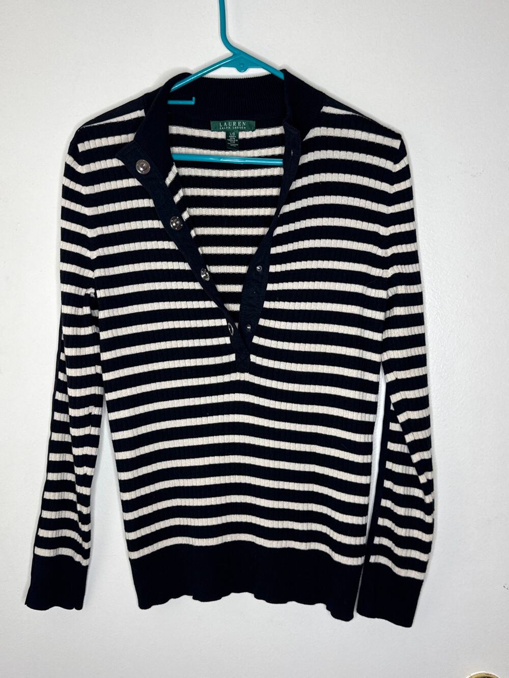 Ralph Lauren Black White Striped Button Mock Neck Ribbed Pullover Size L Cotton